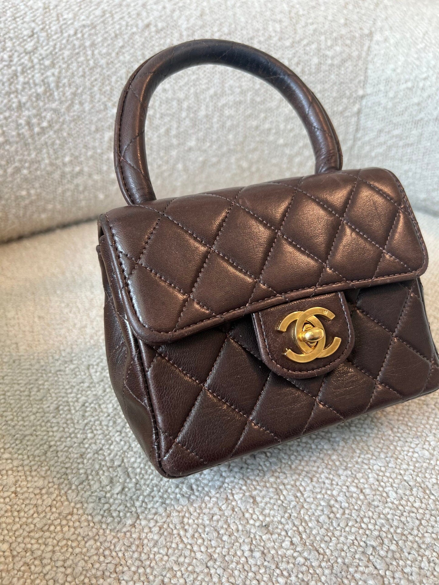 Vintage Brown Lambskin Quilted Micro Mini Kelly with Top Handle GHW