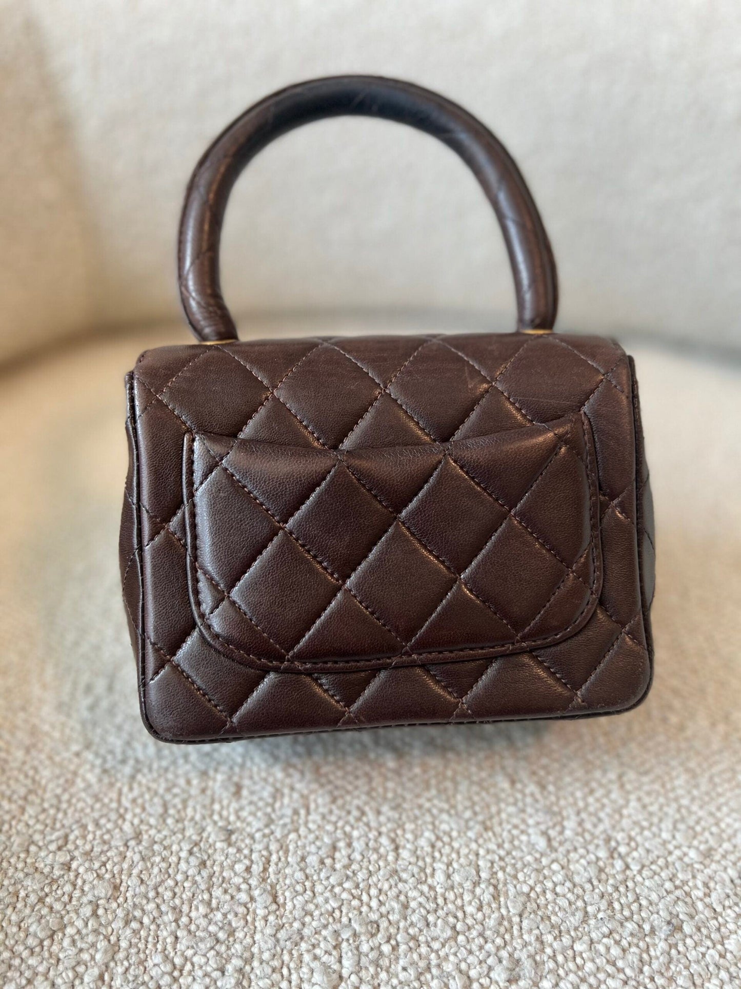 Vintage Brown Lambskin Quilted Micro Mini Kelly with Top Handle GHW