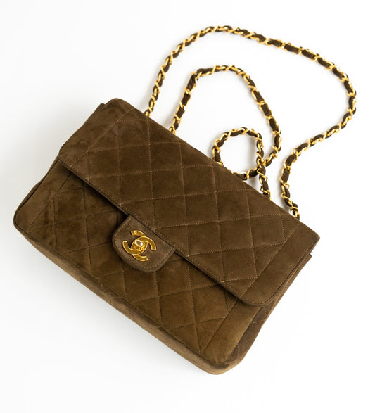 Vintage Matelasse Brown Suede Quilted Single Flap Gold Hardware