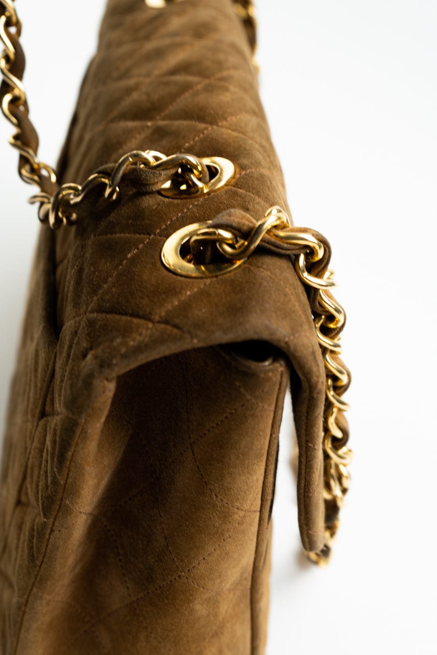 Vintage Tan/Brown Suede Quilted Jumbo XL Single Flap 24k GHW