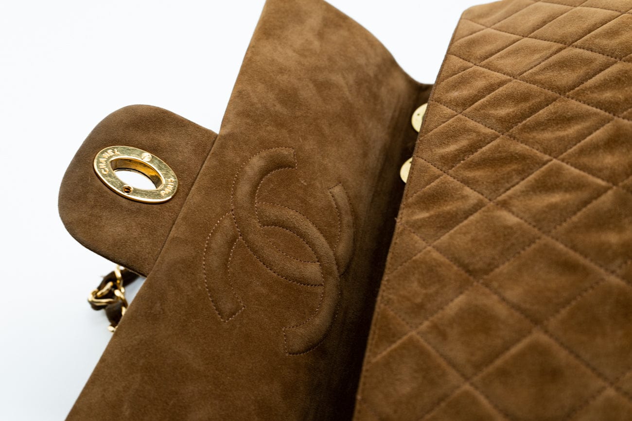 Vintage Tan/Brown Suede Quilted Jumbo XL Single Flap 24k GHW