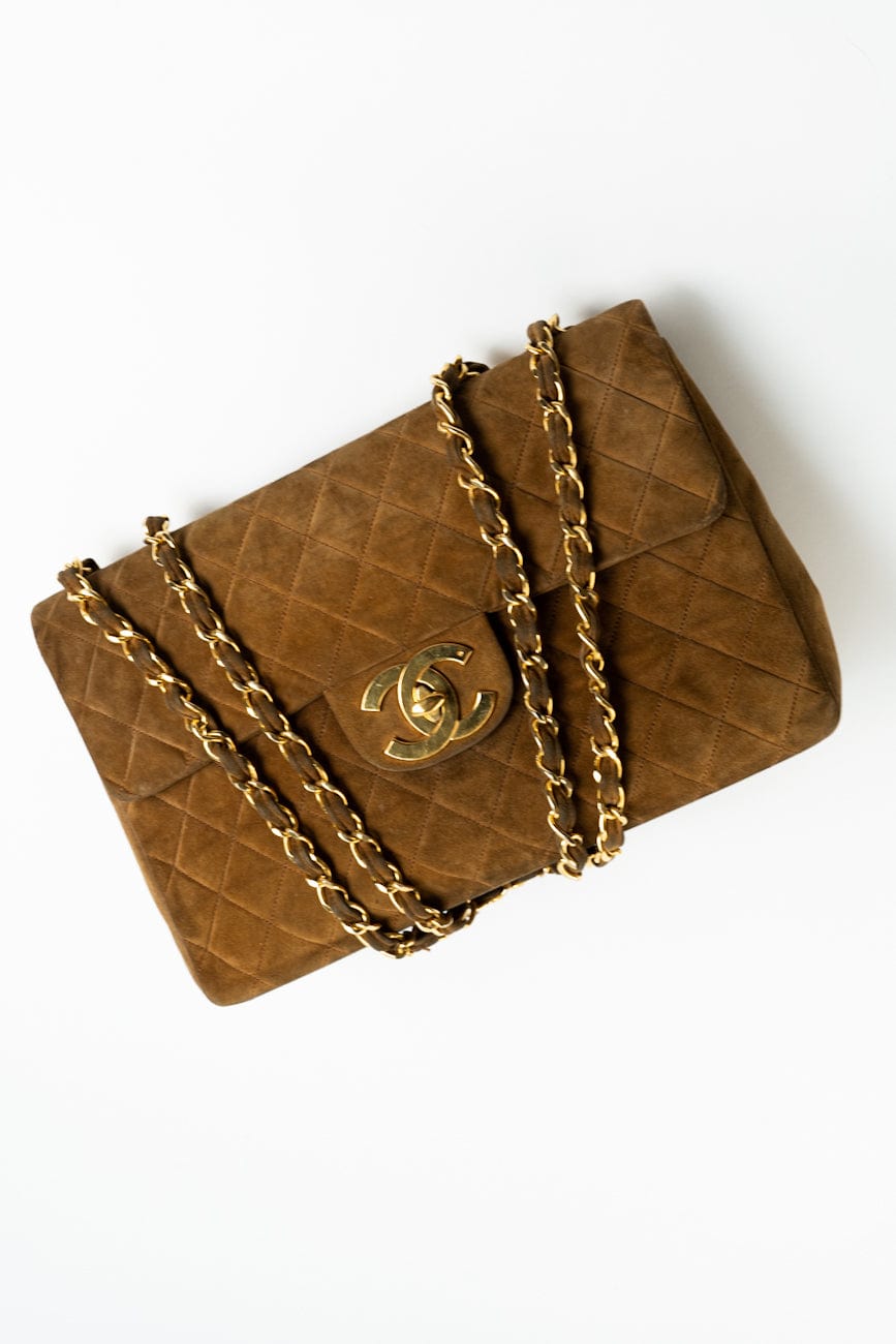 Vintage Tan/Brown Suede Quilted Jumbo XL Single Flap 24k GHW