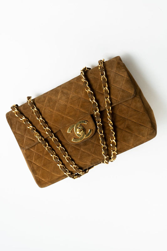 Vintage Tan/Brown Suede Quilted Jumbo XL Single Flap 24k GHW