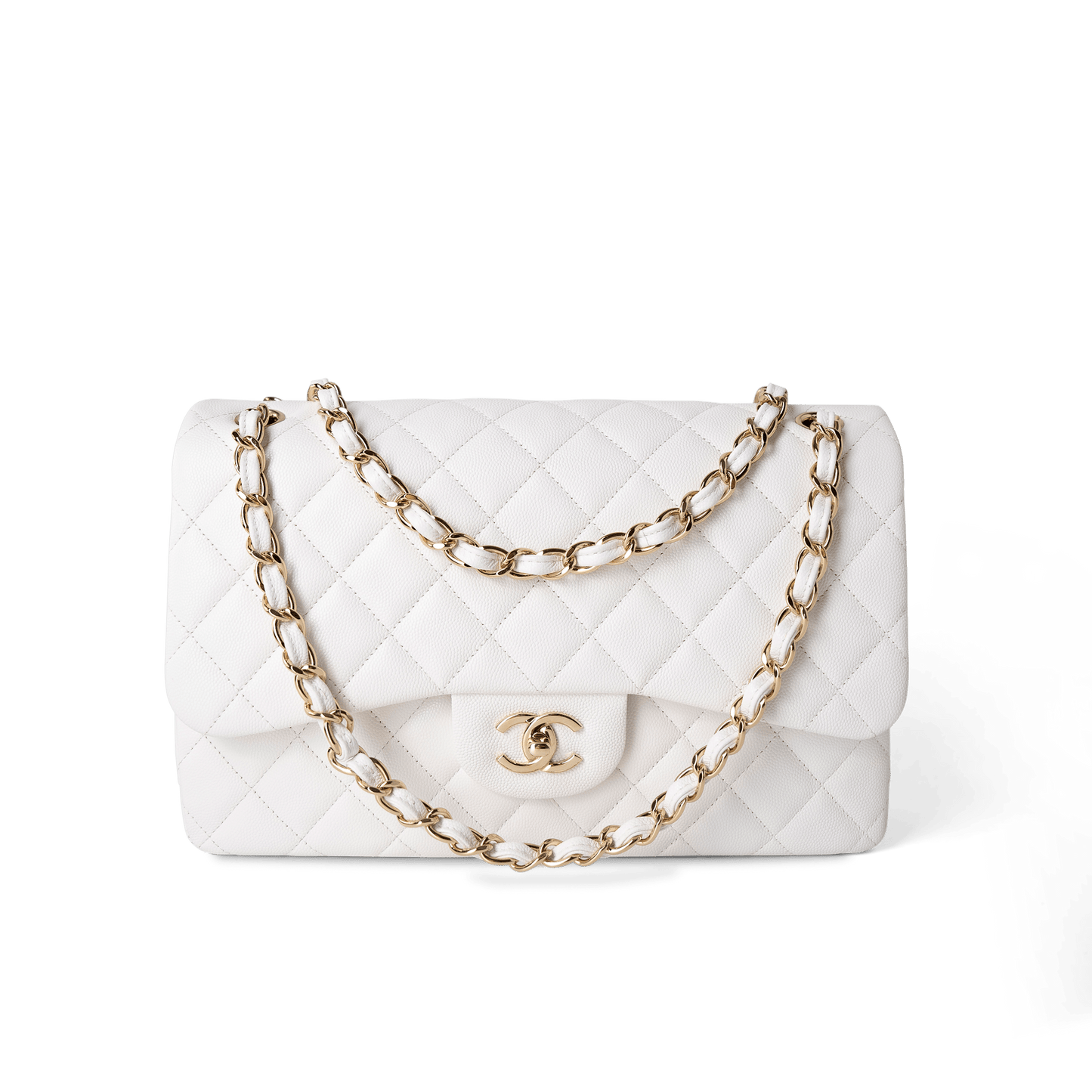 White Caviar Quilted Jumbo Classic Flap Light Gold Hardware