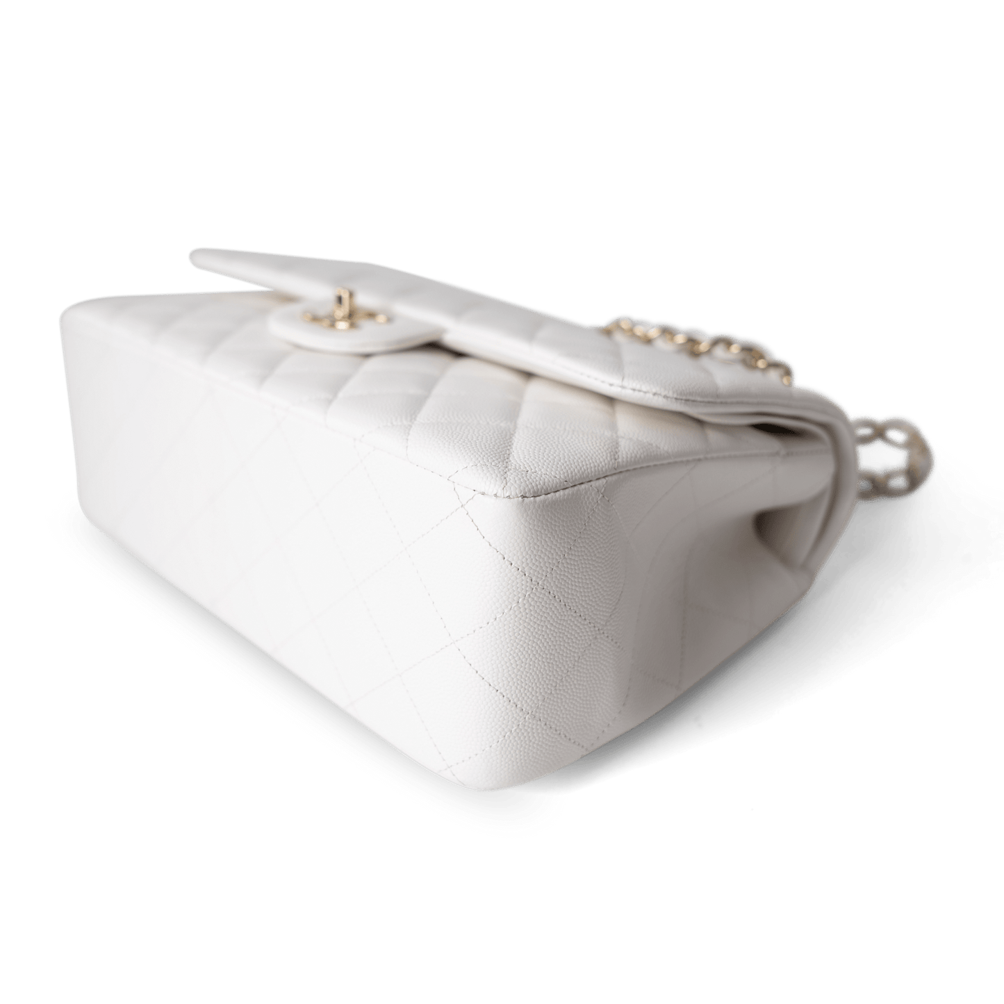 White Caviar Quilted Jumbo Classic Flap Light Gold Hardware