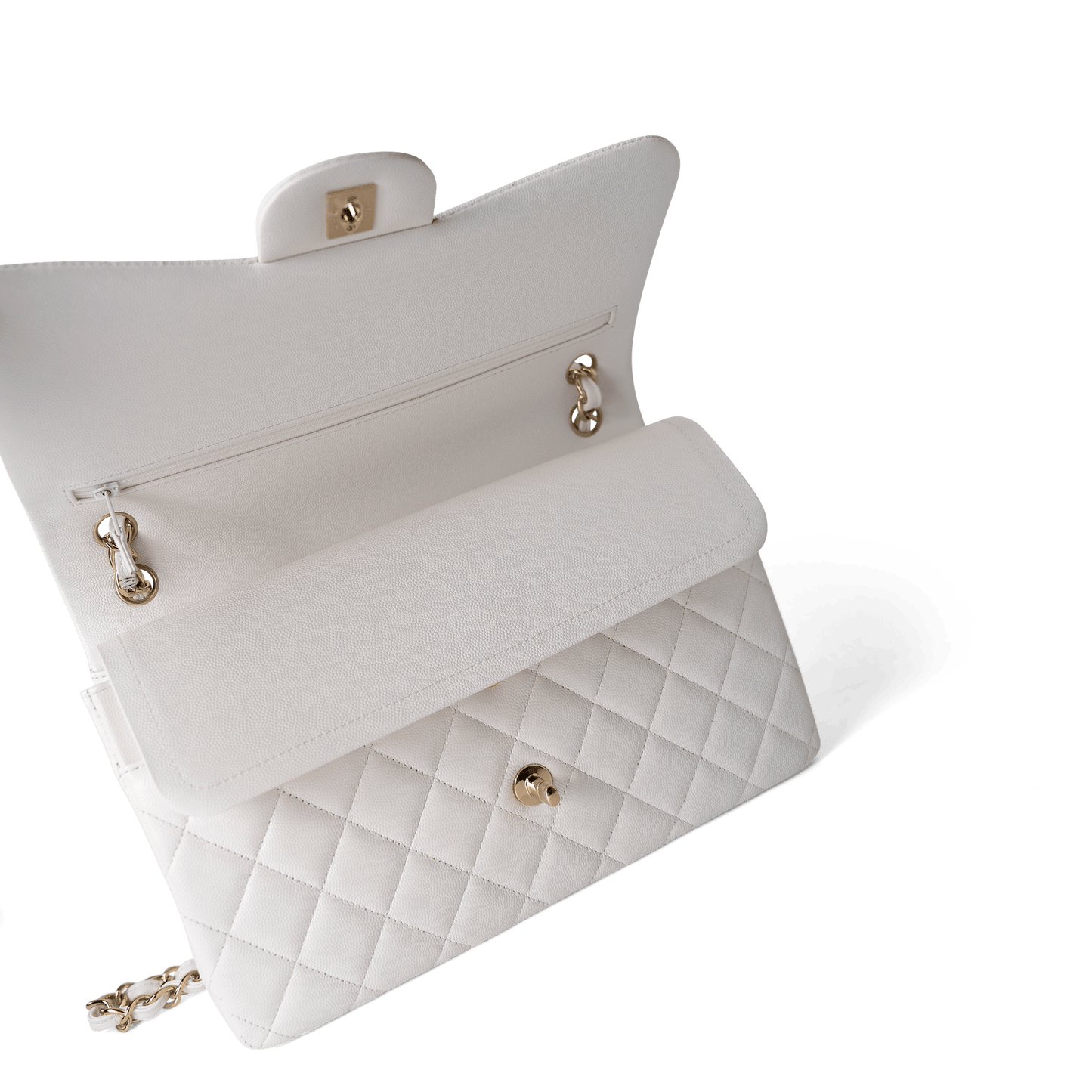 White Caviar Quilted Jumbo Classic Flap Light Gold Hardware