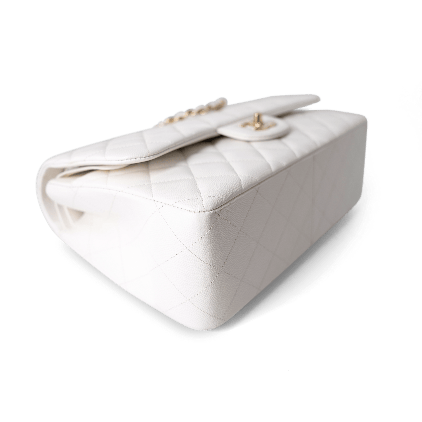 White Caviar Quilted Jumbo Classic Flap Light Gold Hardware