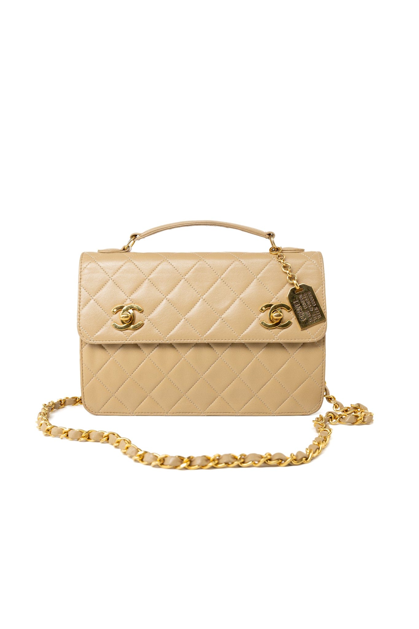 Vintage Beige Double Turnlock Single Flap Briefcase Bag Gold Hardware