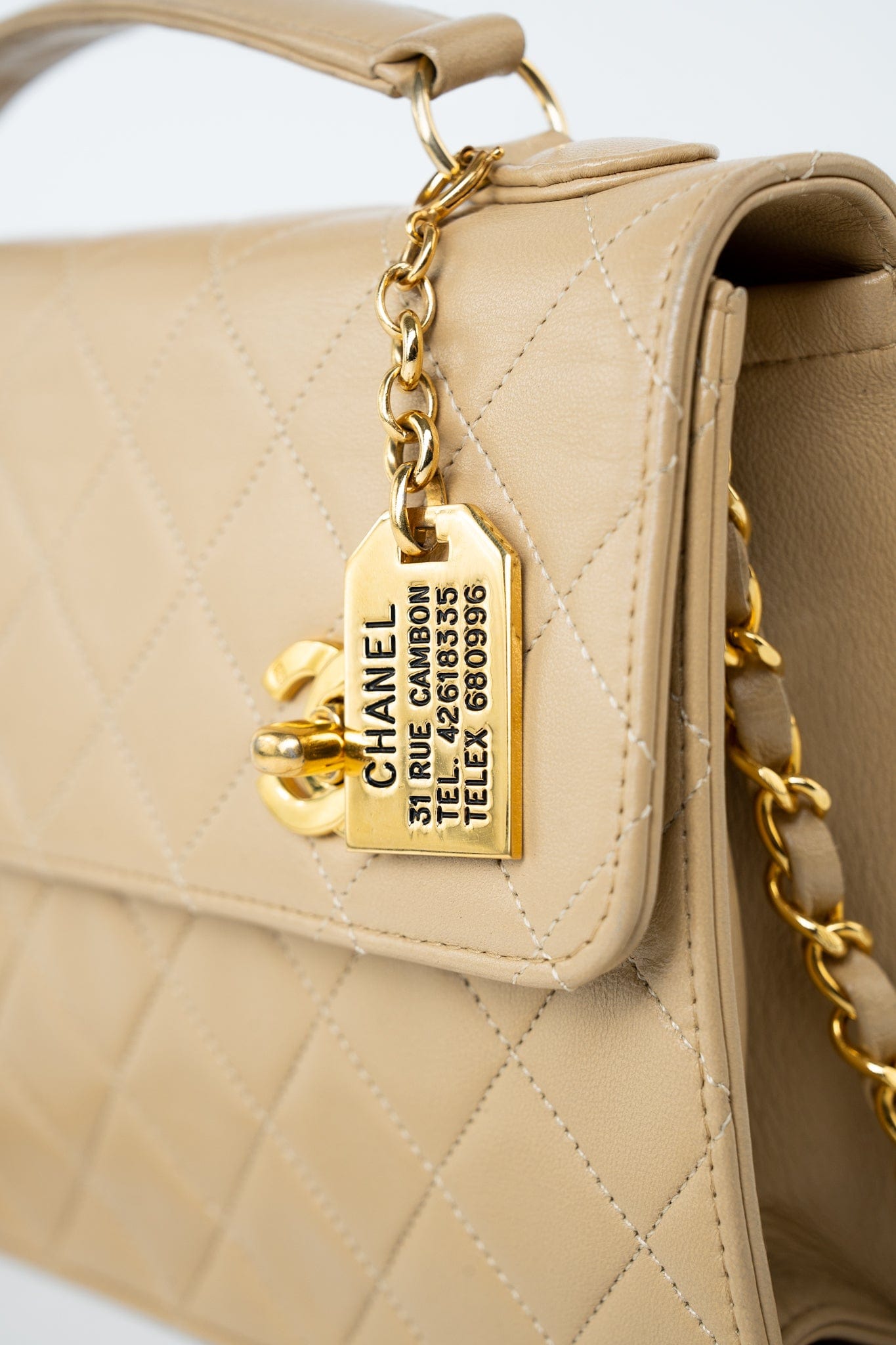 Vintage Beige Double Turnlock Single Flap Briefcase Bag Gold Hardware