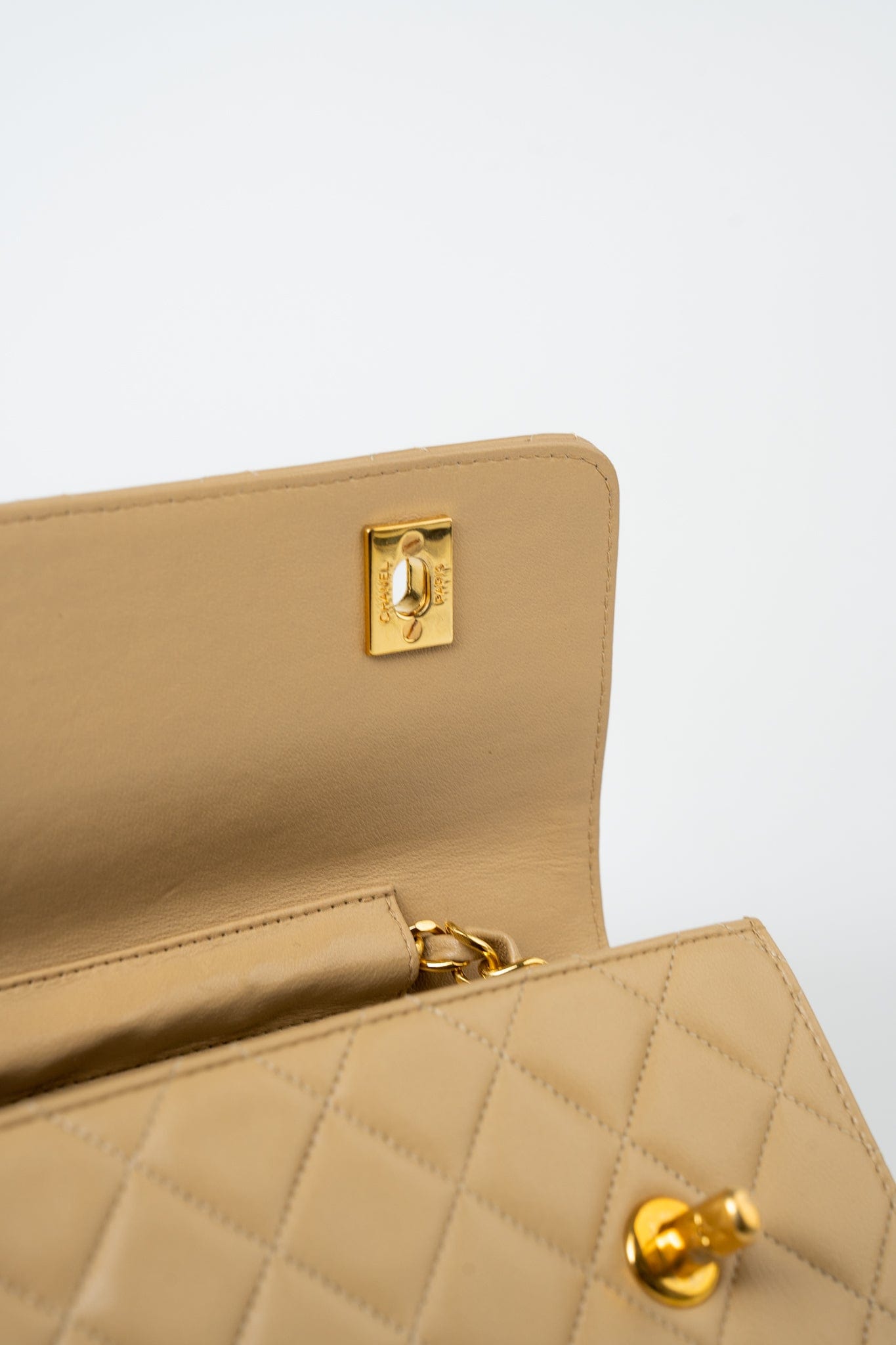 Vintage Beige Double Turnlock Single Flap Briefcase Bag Gold Hardware