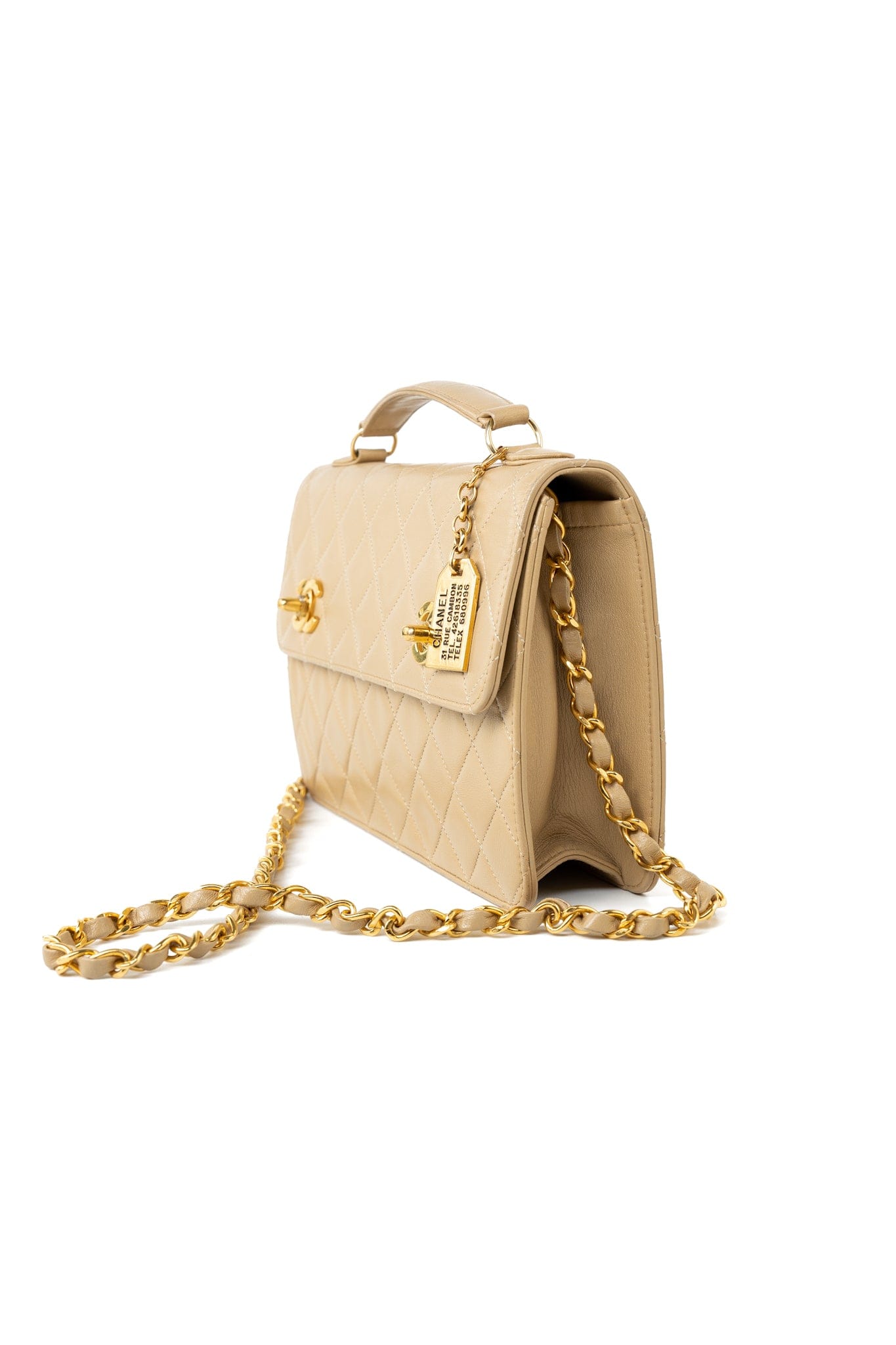 Vintage Beige Double Turnlock Single Flap Briefcase Bag Gold Hardware