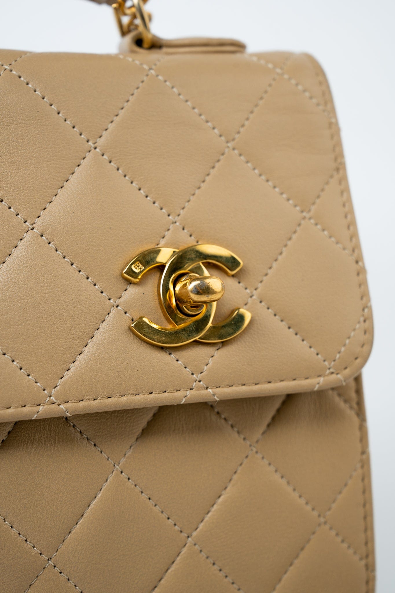 Vintage Beige Double Turnlock Single Flap Briefcase Bag Gold Hardware