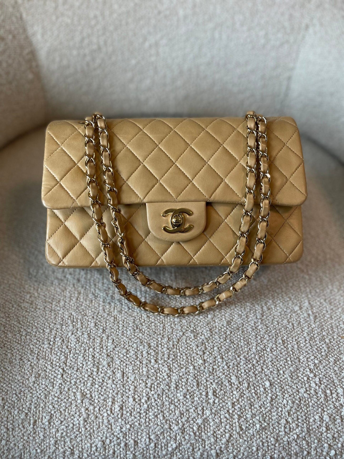 Vintage Beige Lambskin Quilted Classic Flap Medium GHW