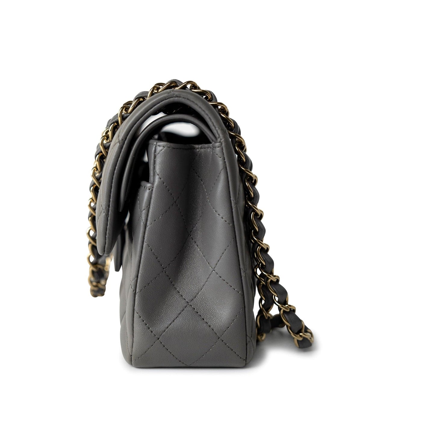 22A Grey Lambskin Quilted Small Classic Flap Light Gold Hardware