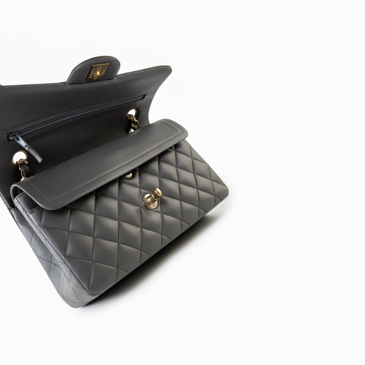 22A Grey Lambskin Quilted Small Classic Flap Light Gold Hardware