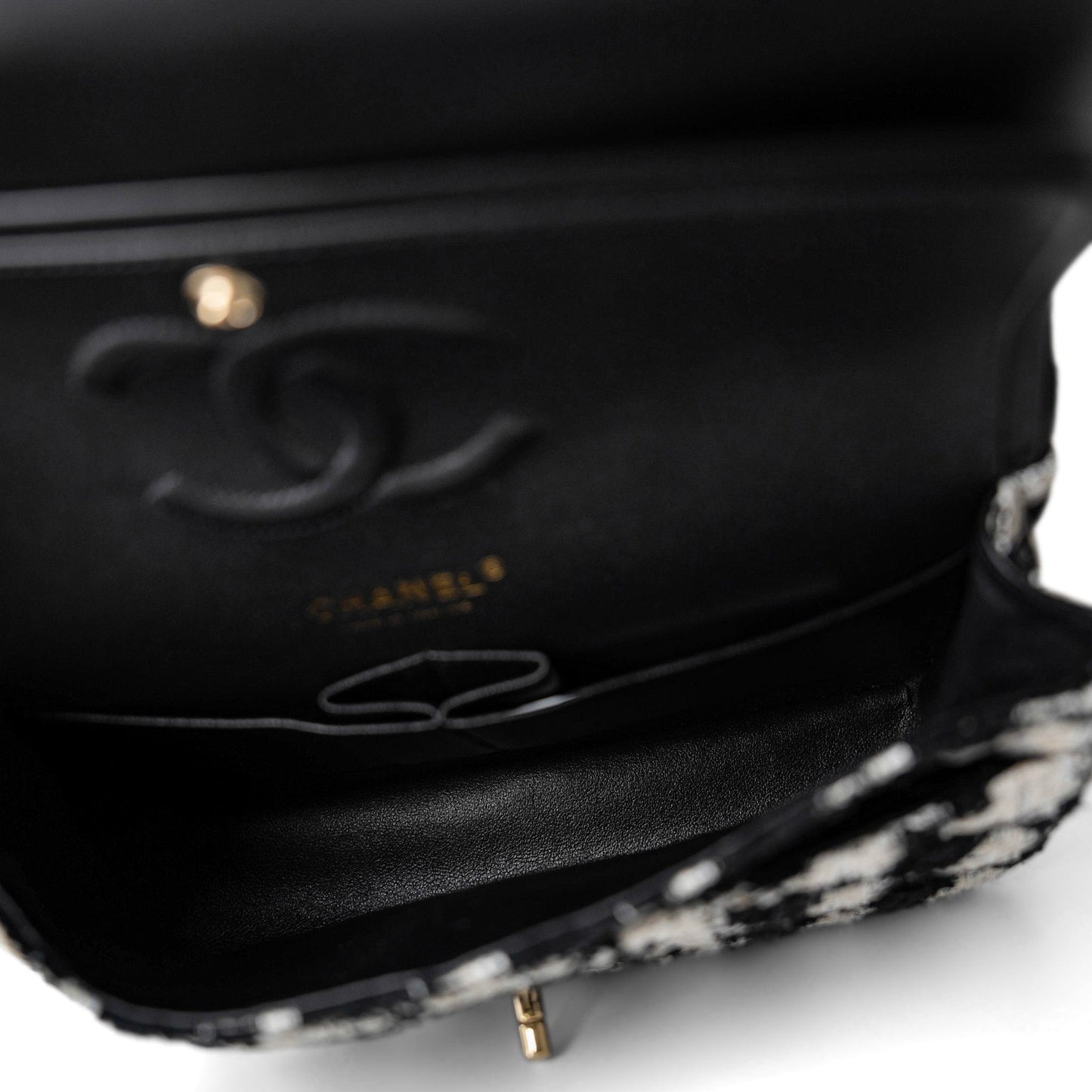 20s Black White Houndstooth Tweed Quilted Classic Flap Medium Light Gold Hardware