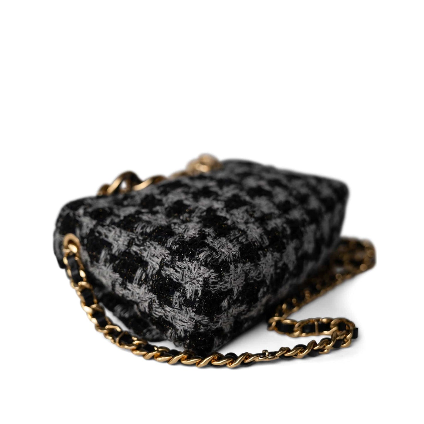 Wool Tweed Quilted Elegant Chain Flap Black Grey