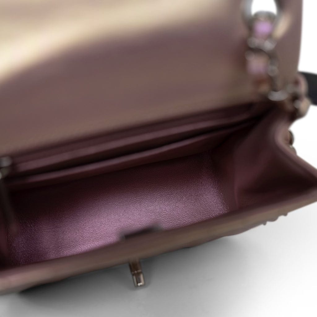 21K Mini Pink Iridescent Square Lambskin Quilted Classic Flap SHW