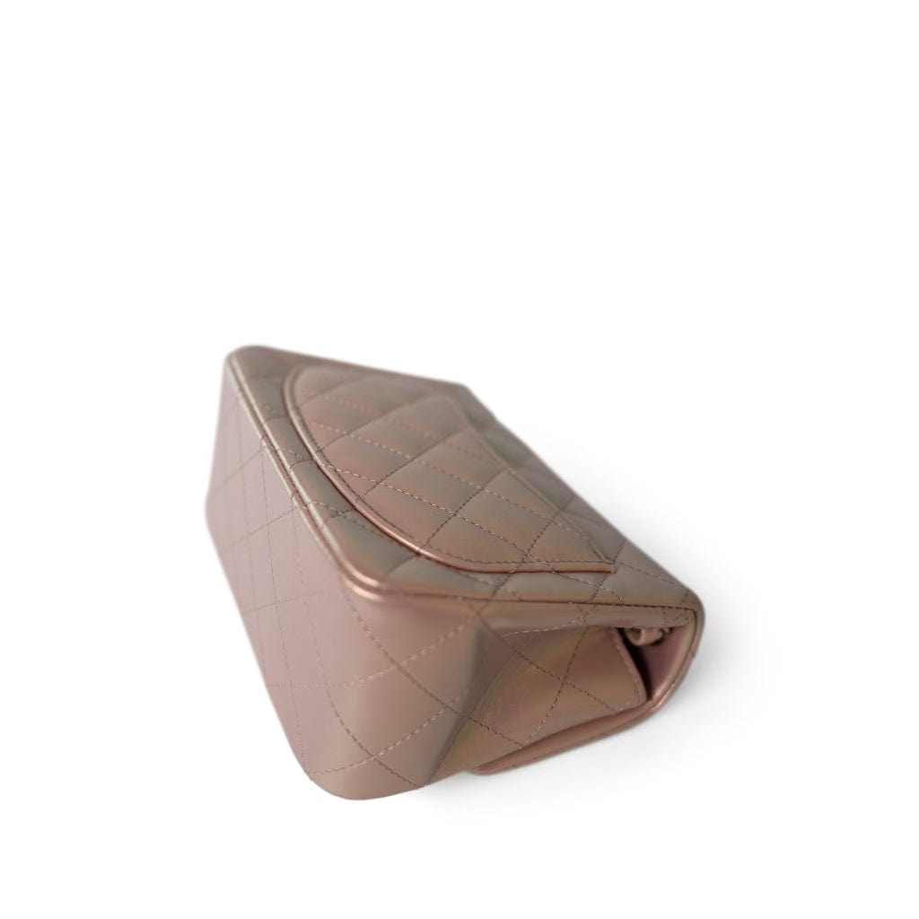 21K Mini Pink Iridescent Square Lambskin Quilted Classic Flap SHW