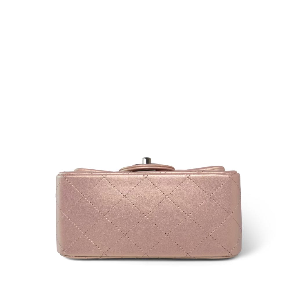 21K Mini Pink Iridescent Square Lambskin Quilted Classic Flap SHW