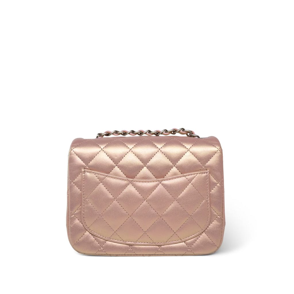 21K Mini Pink Iridescent Square Lambskin Quilted Classic Flap SHW