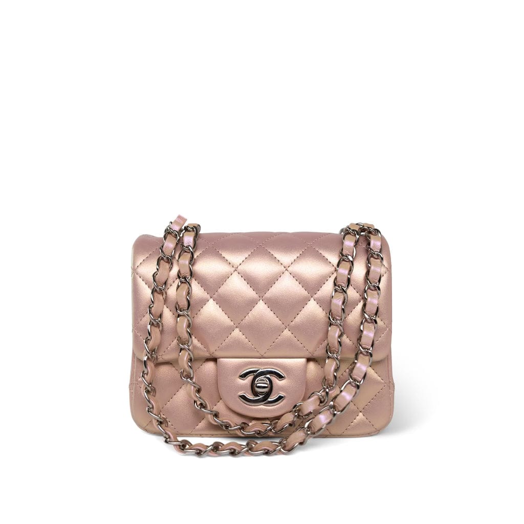 21K Mini Pink Iridescent Square Lambskin Quilted Classic Flap SHW