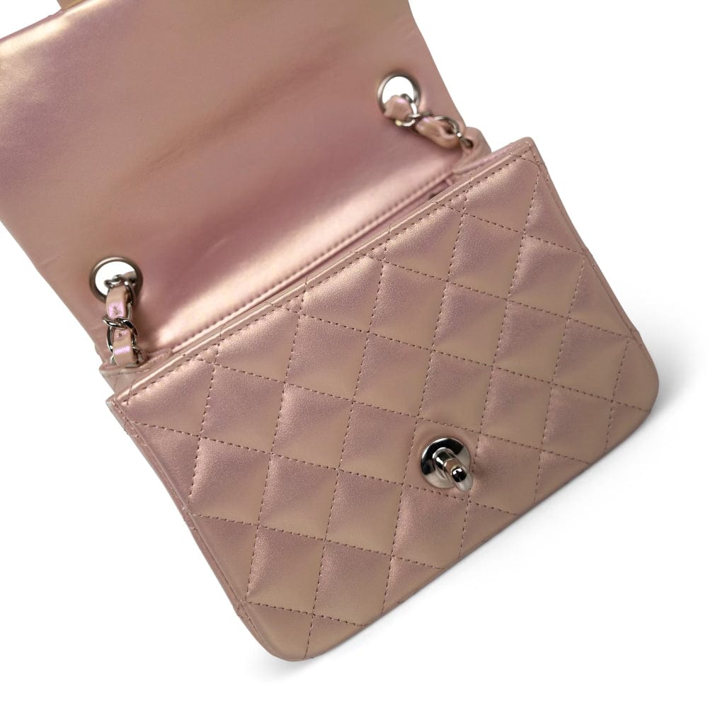 21K Mini Pink Iridescent Square Lambskin Quilted Classic Flap SHW
