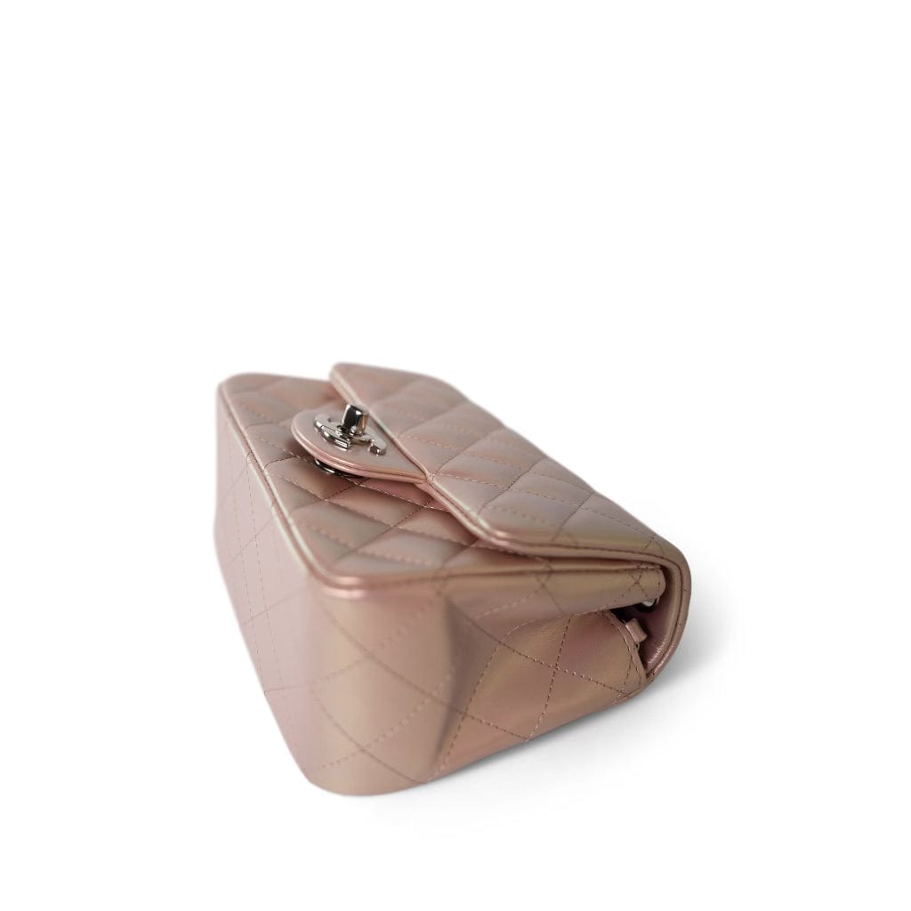 21K Mini Pink Iridescent Square Lambskin Quilted Classic Flap SHW
