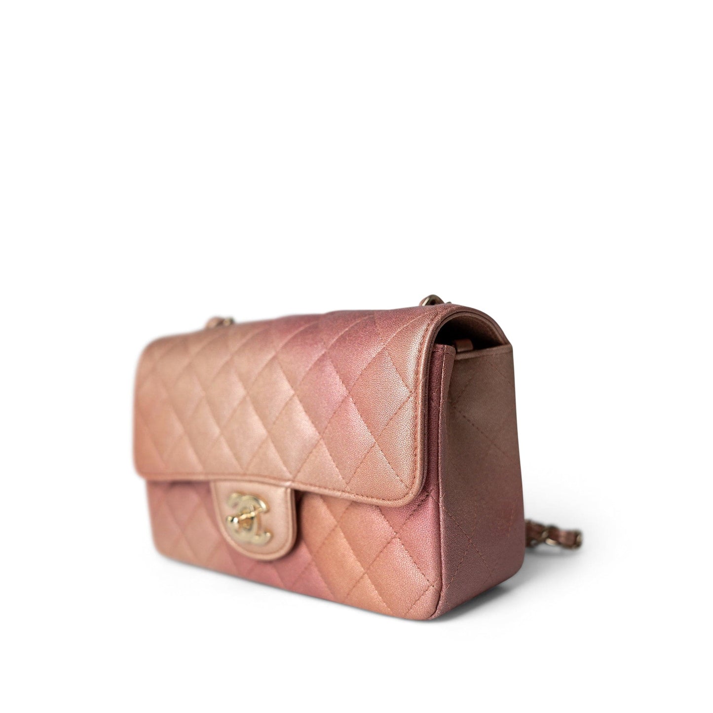 21S Metallic Rose Gold Grained Lambskin Quilted Mini Rectangular Flap