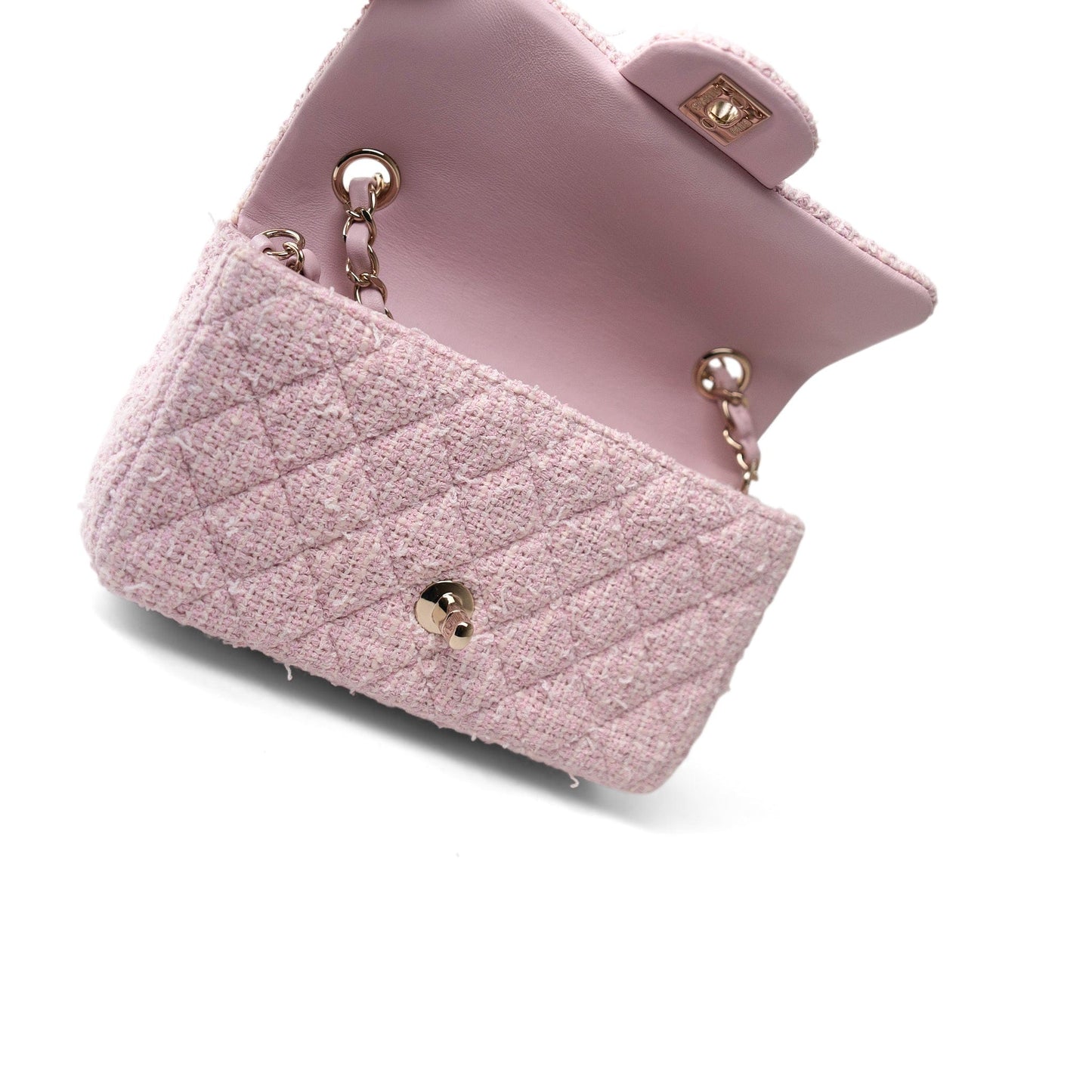 21S Pink White Tweed Quilted Mini Rectangular Flap Light Gold Hardware