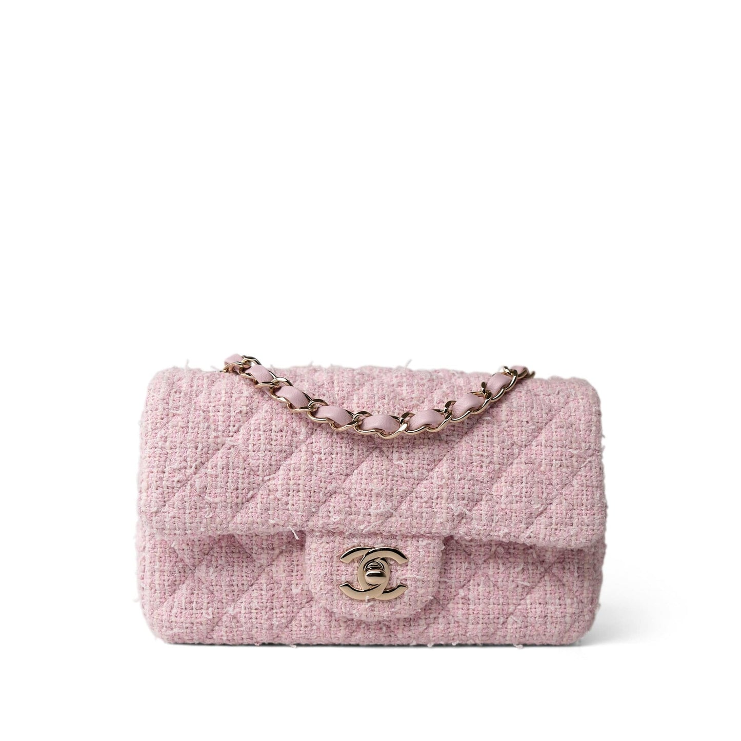 21S Pink White Tweed Quilted Mini Rectangular Flap Light Gold Hardware