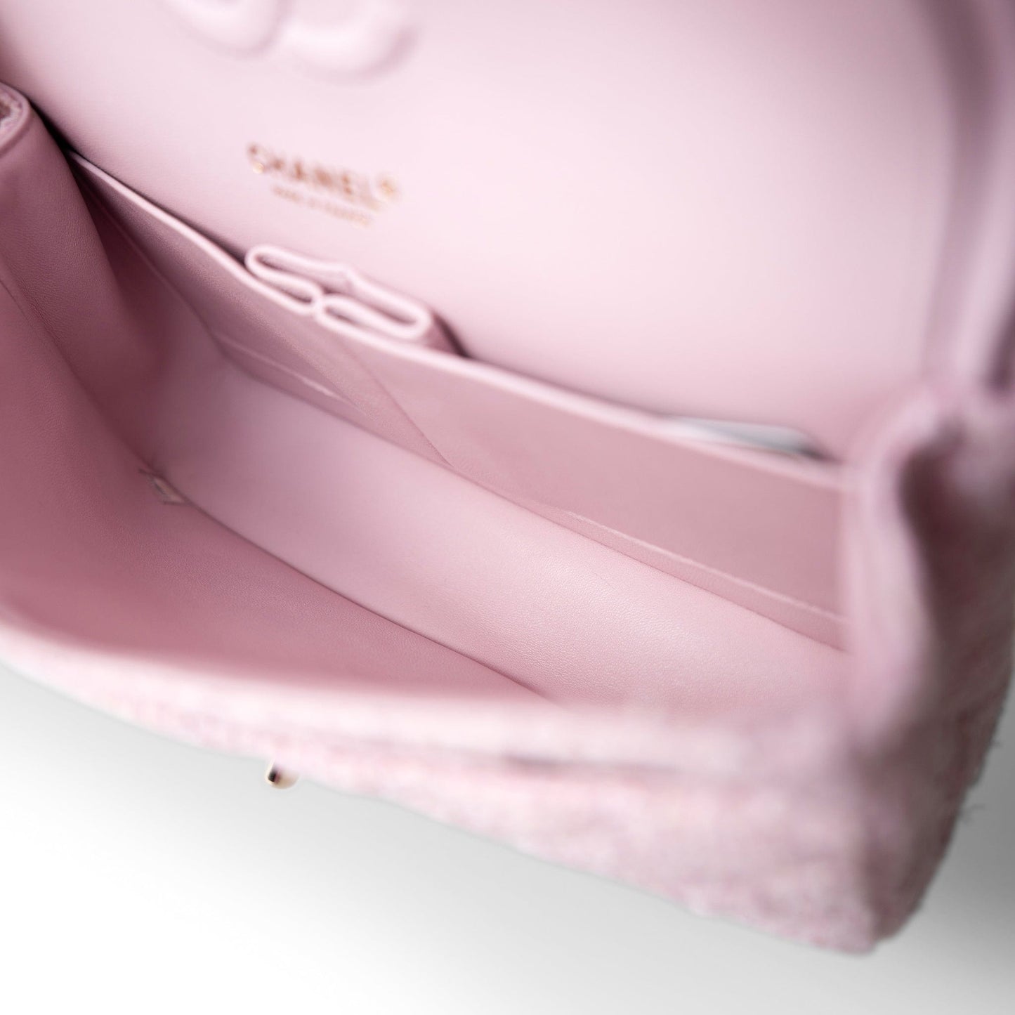 21S Pink Tweed Quilted Classic Flap Medium Light Gold Hardware