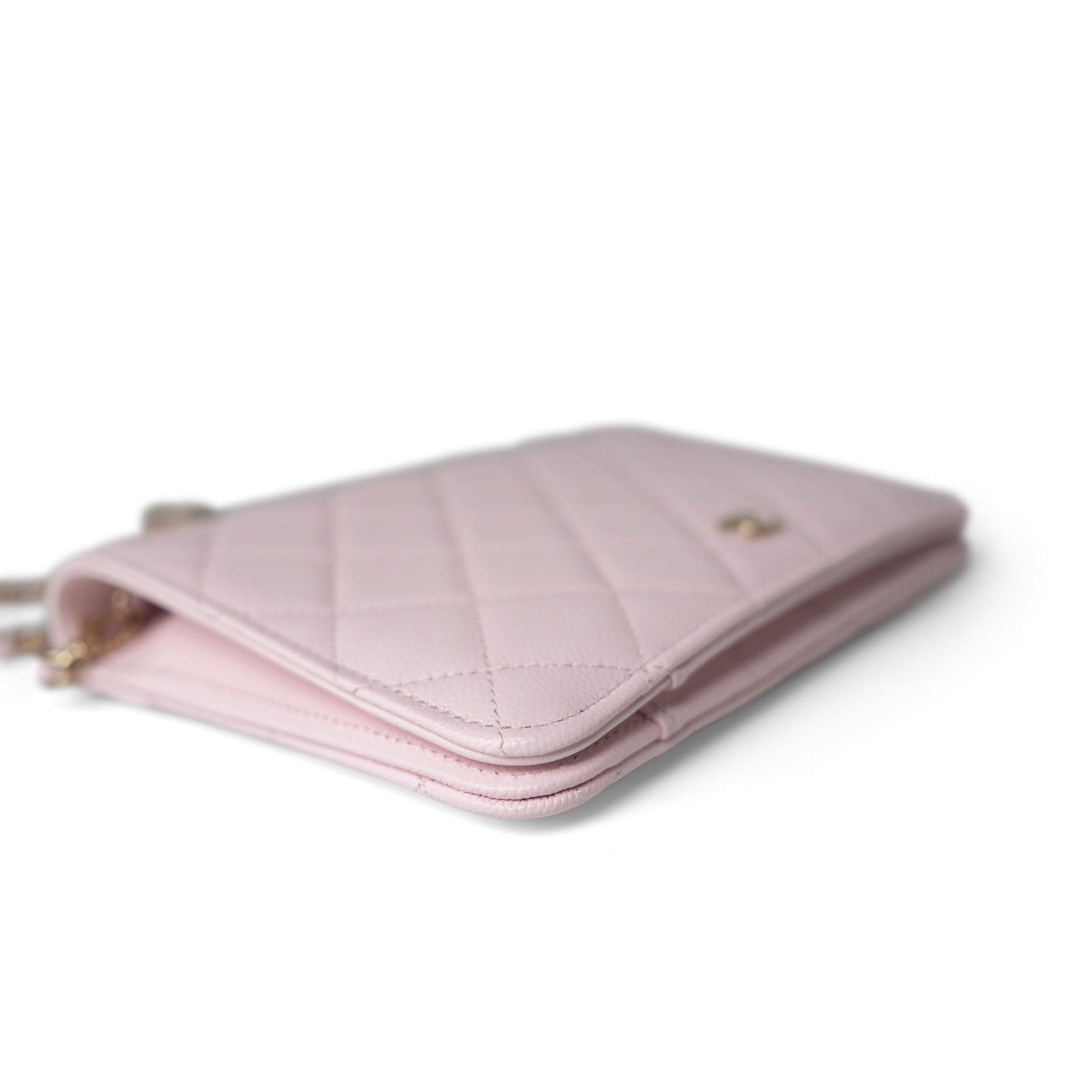 Travel Wallet on Chain Light Pink Caviar Quilted Light Gold Hardware
