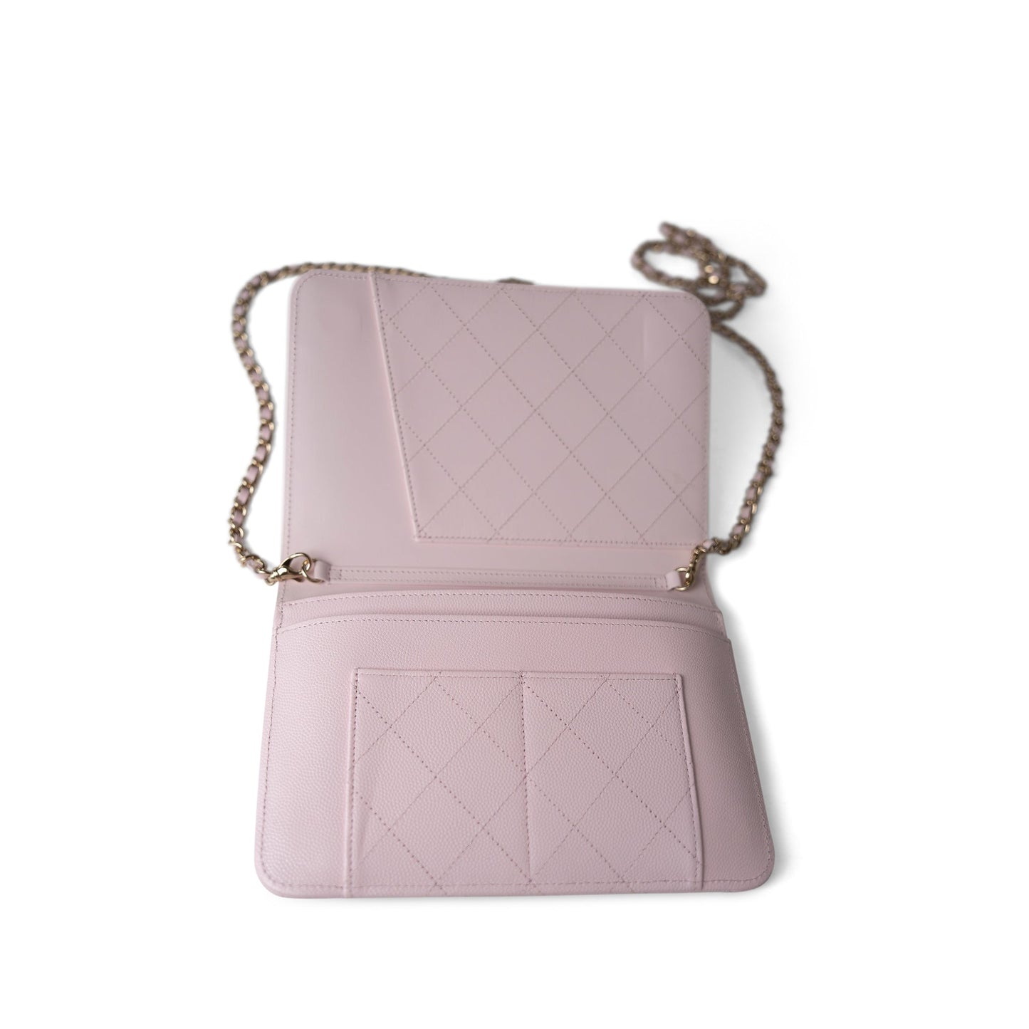 Travel Wallet on Chain Light Pink Caviar Quilted Light Gold Hardware