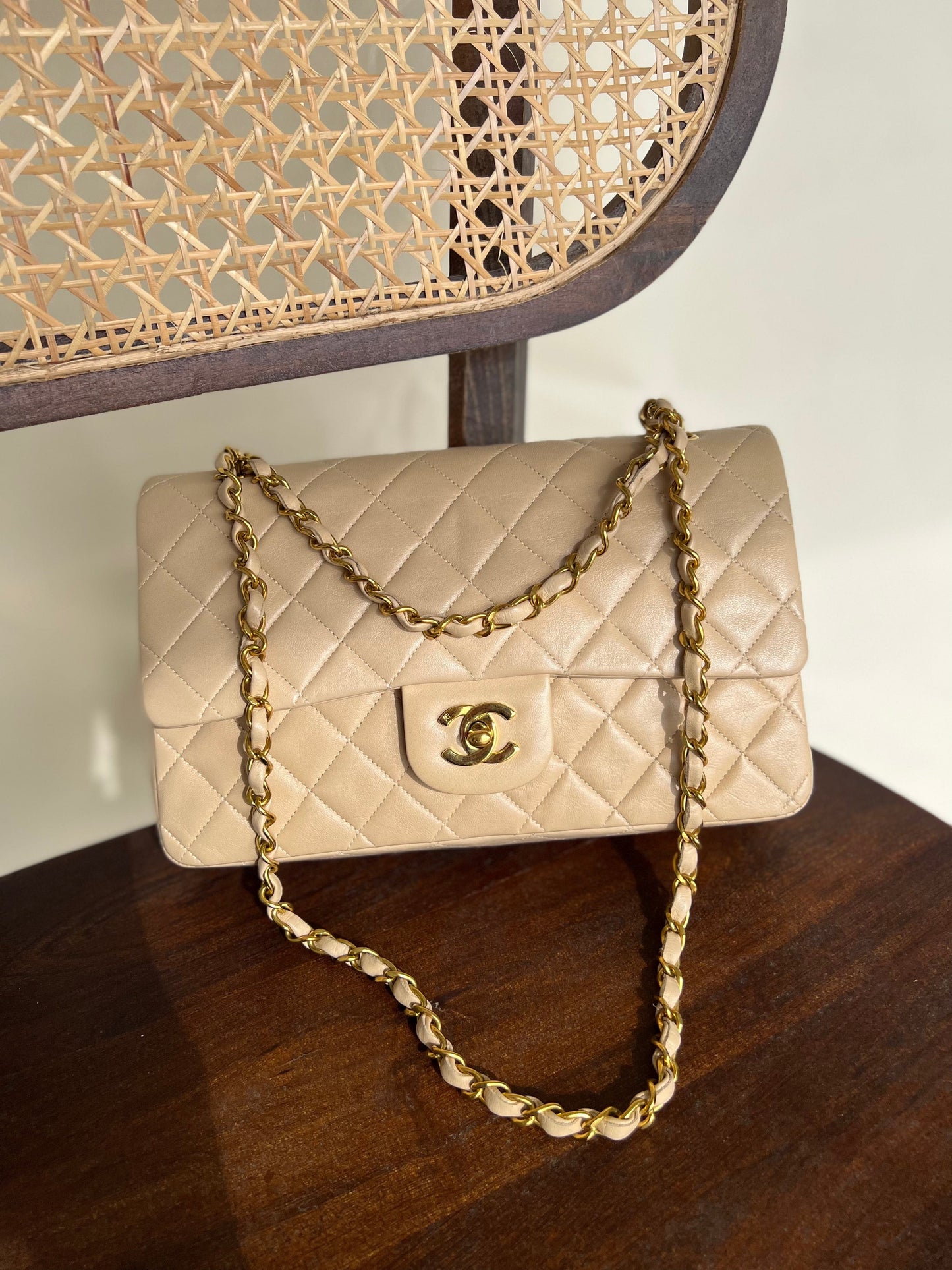 Vintage Beige Lambskin Quilted a classic Double Flap GHW