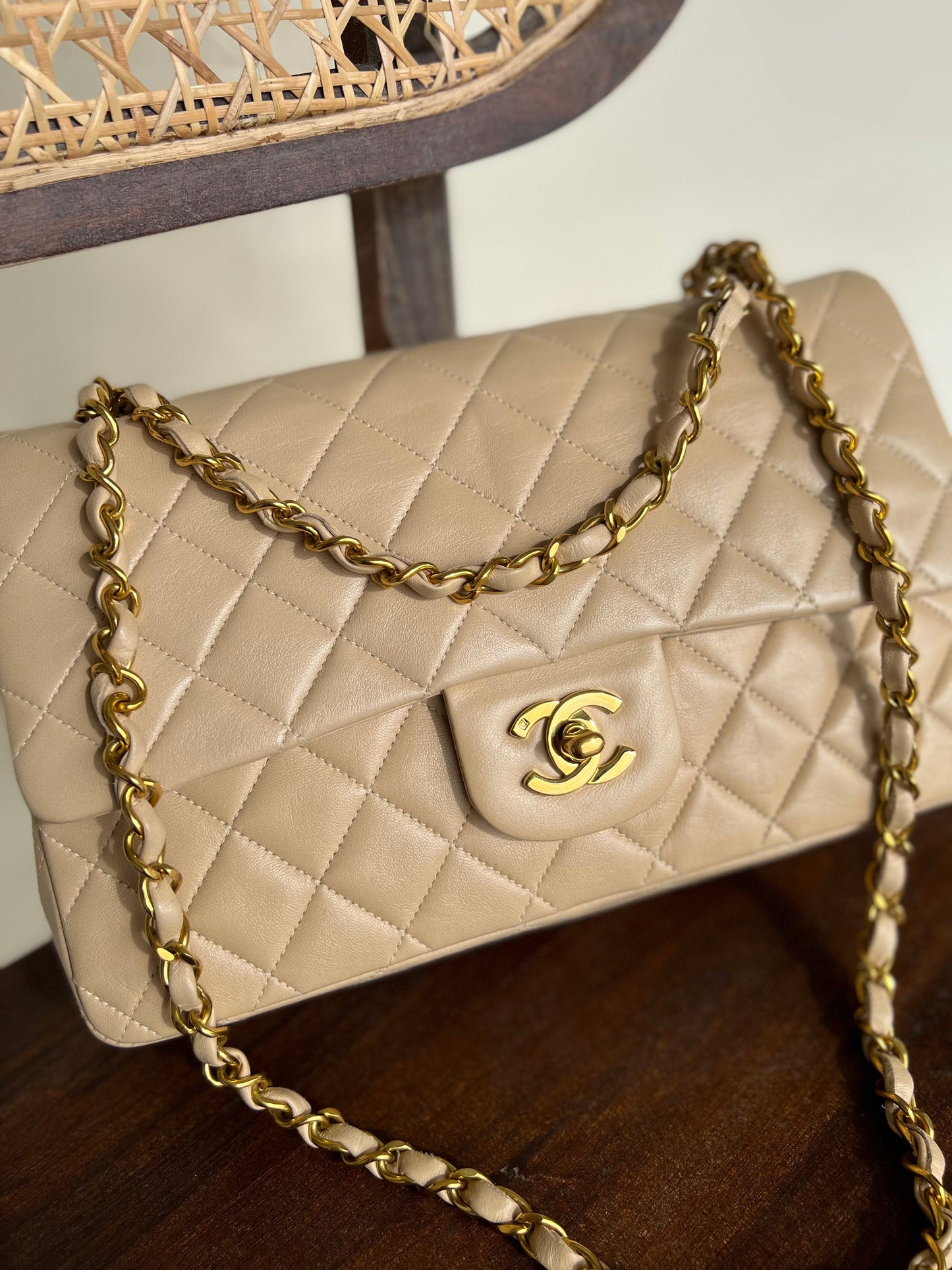 Vintage Beige Lambskin Quilted a classic Double Flap GHW