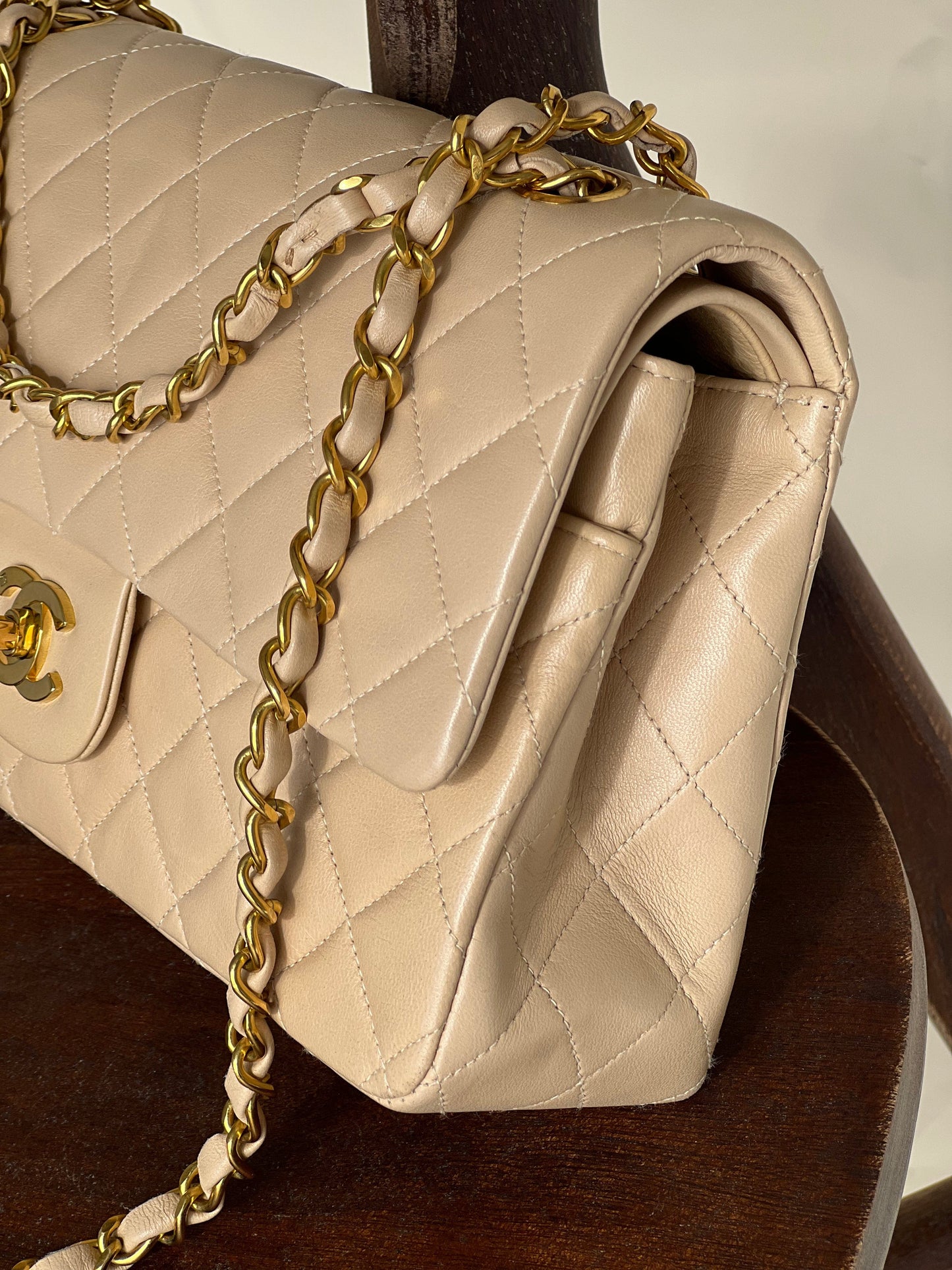 Vintage Beige Lambskin Quilted a classic Double Flap GHW