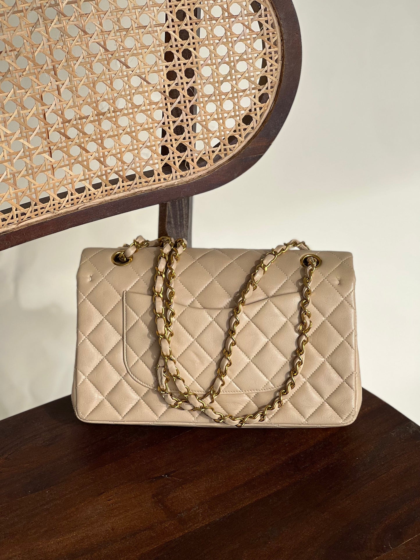 Vintage Beige Lambskin Quilted a classic Double Flap GHW