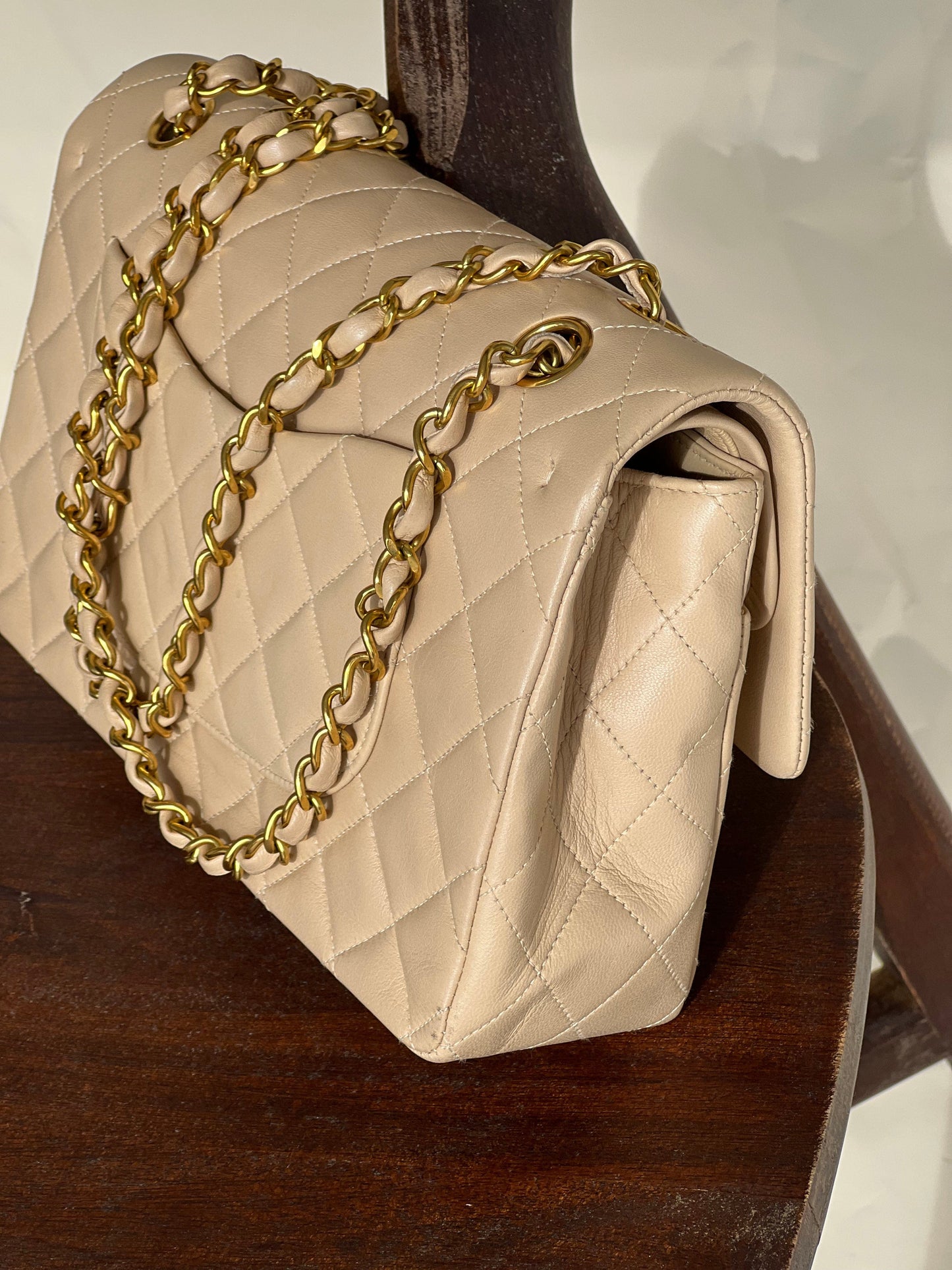 Vintage Beige Lambskin Quilted a classic Double Flap GHW