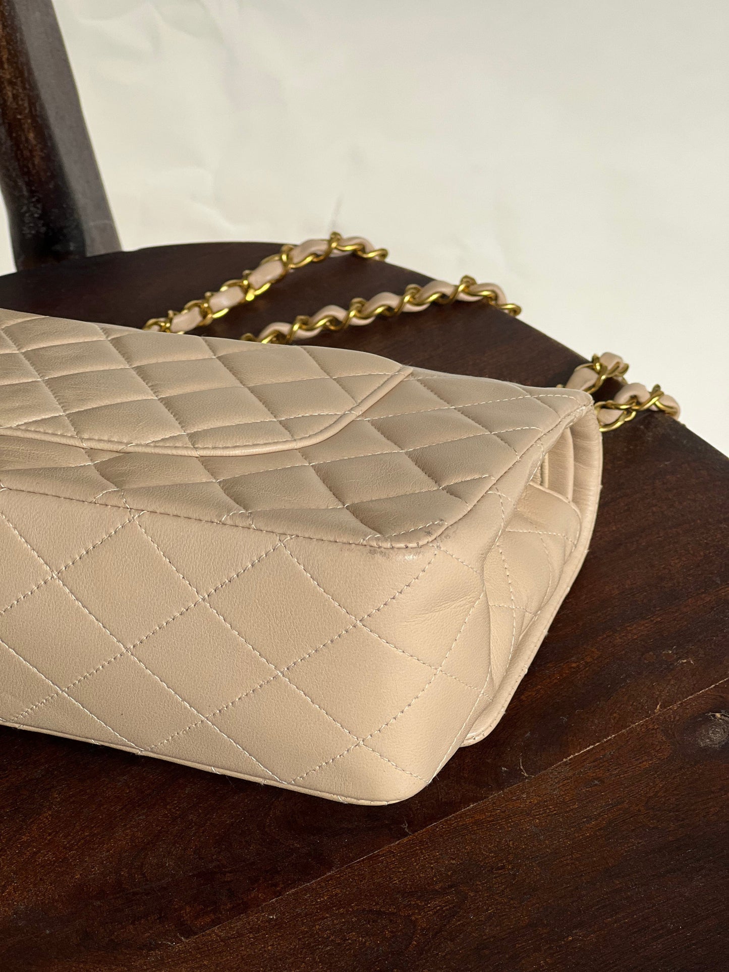 Vintage Beige Lambskin Quilted a classic Double Flap GHW