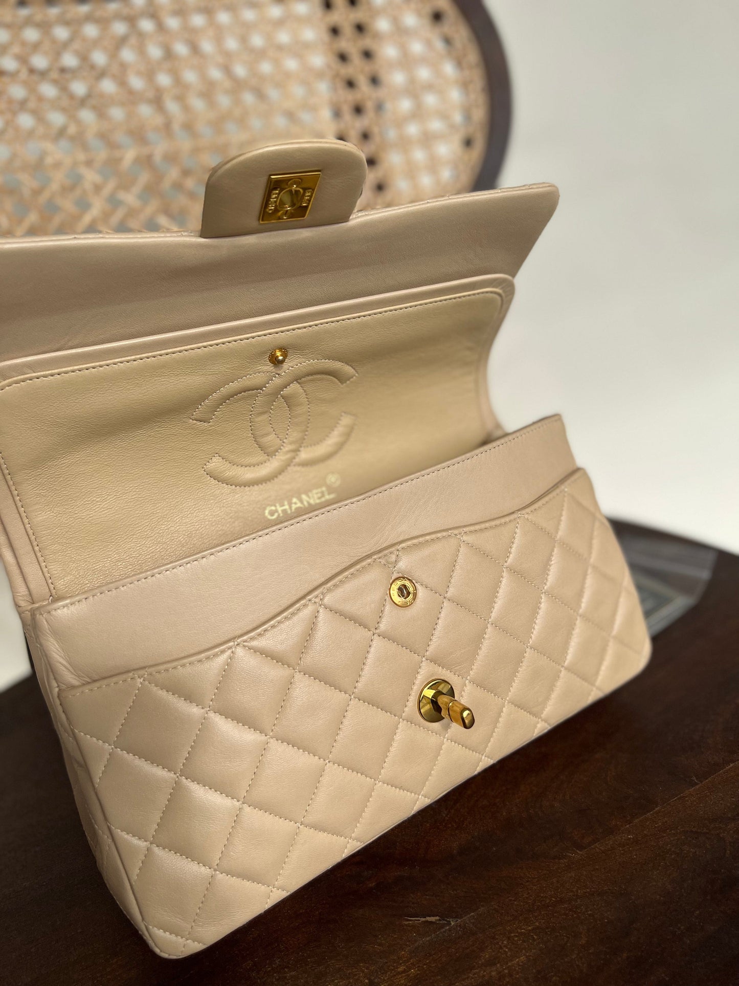 Vintage Beige Lambskin Quilted a classic Double Flap GHW