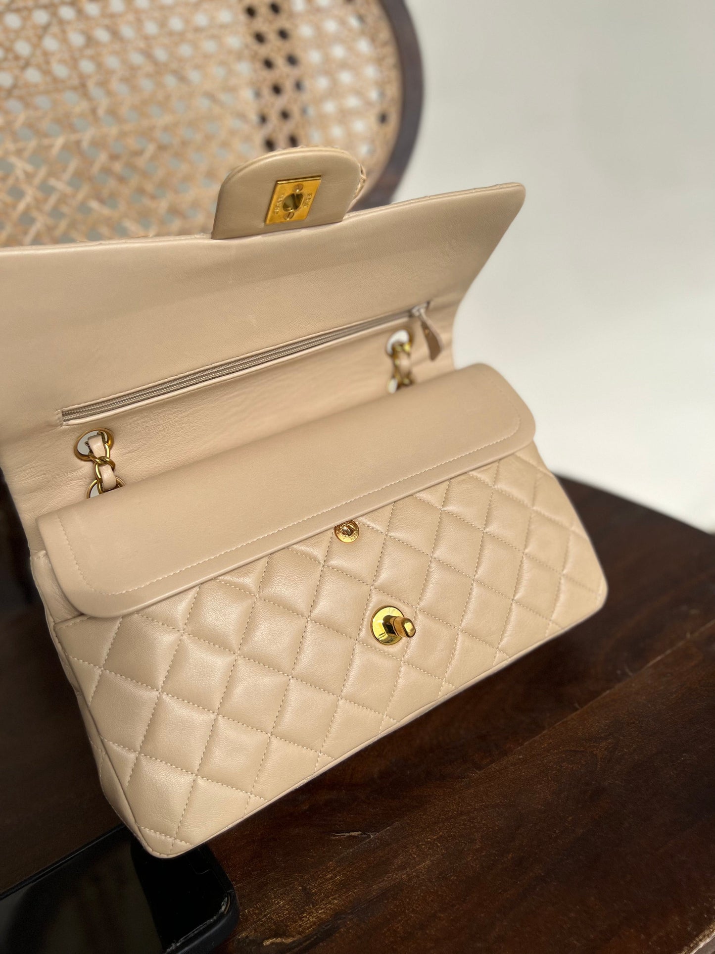 Vintage Beige Lambskin Quilted a classic Double Flap GHW