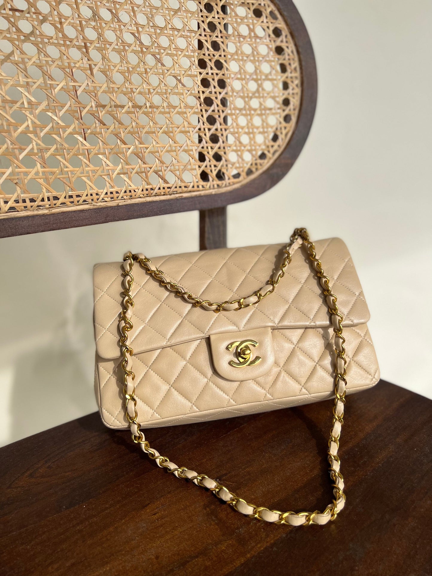 Vintage Beige Lambskin Quilted a classic Double Flap GHW