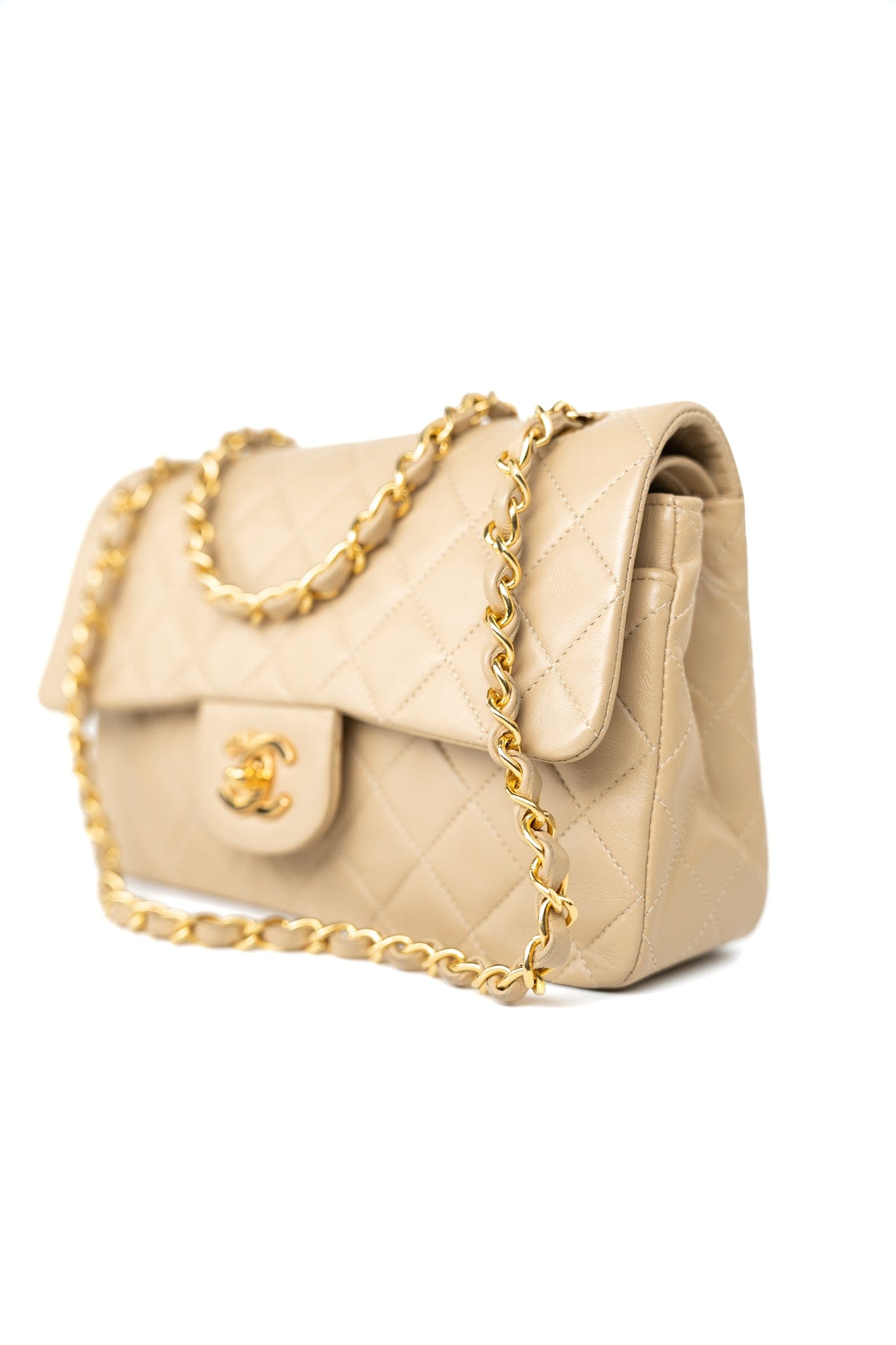 Vintage Beige Lambskin Quilted Classic Flap Small Gold Hardware