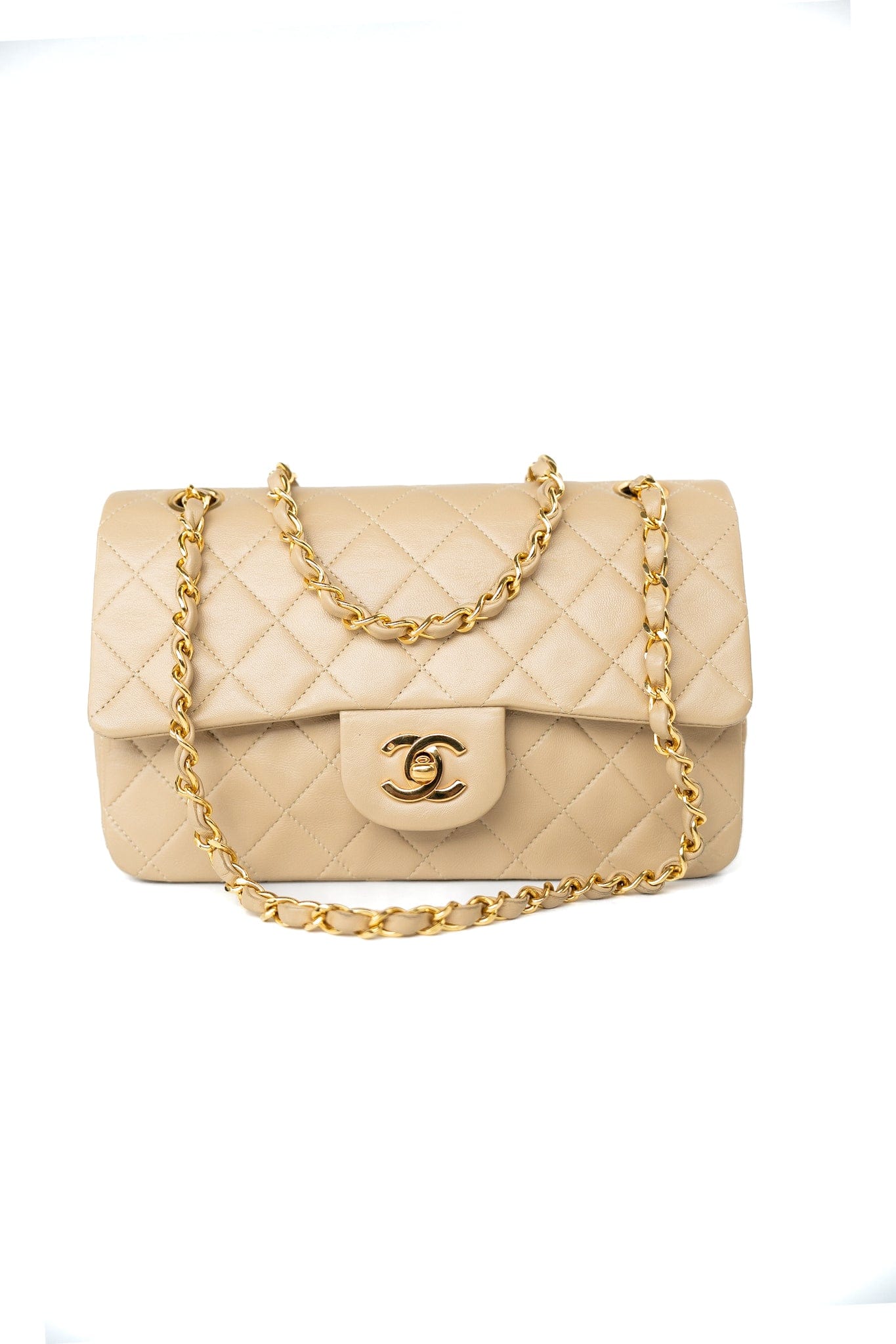 Vintage Beige Lambskin Quilted Classic Flap Small Gold Hardware