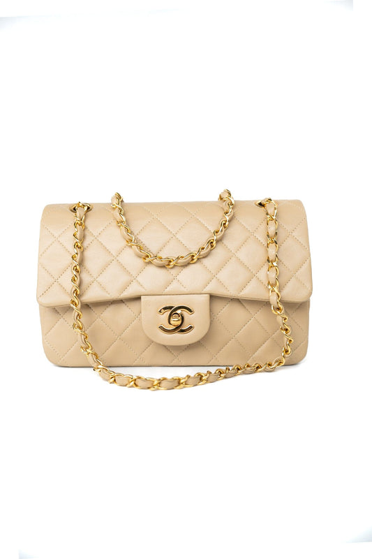 Vintage Beige Lambskin Quilted Classic Flap Small Gold Hardware