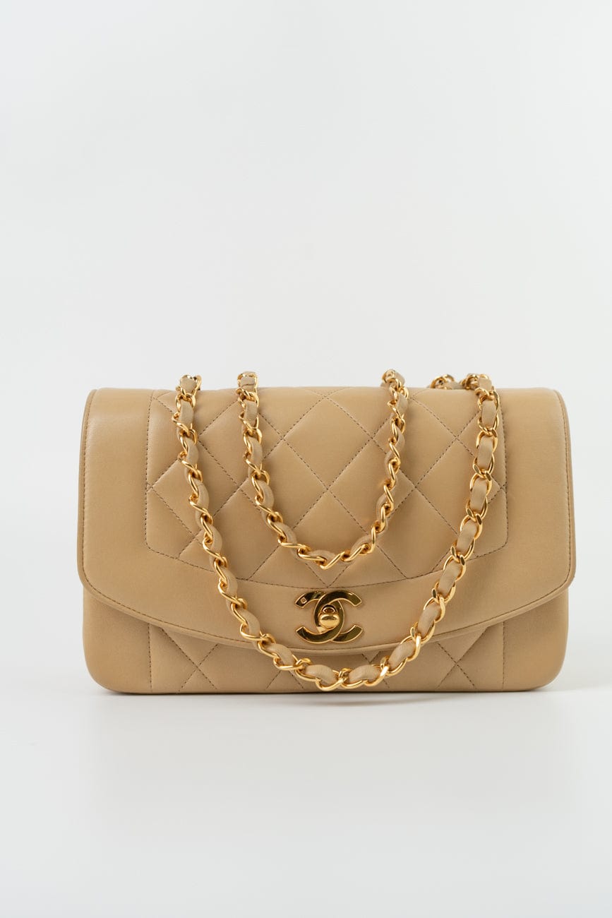 Vintage Beige Lambskin Quilted Diana Single Flap Small with Gold Hardware