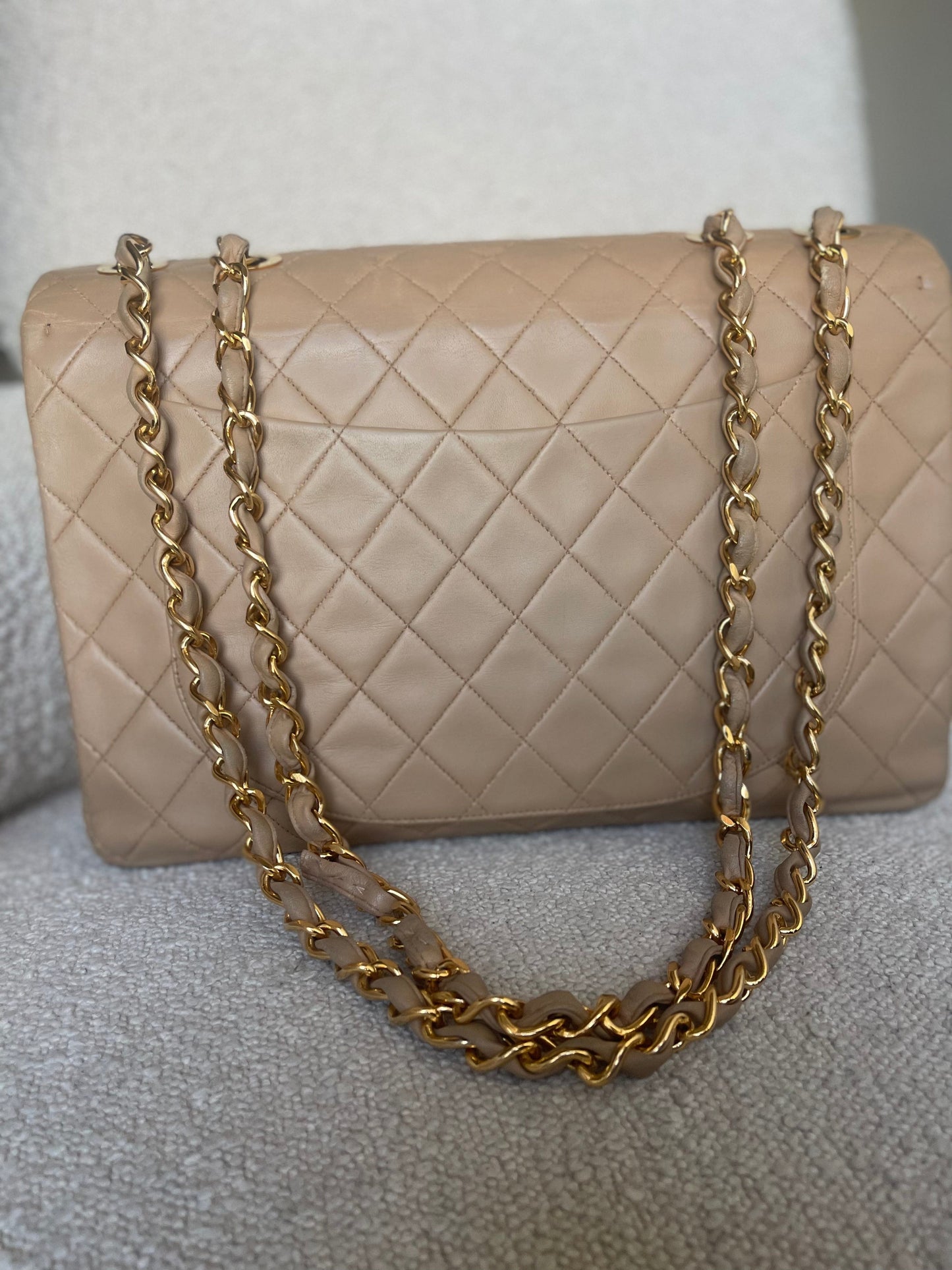 Vintage Beige Lambskin Quilted Jumbo XL Single Flap GHW