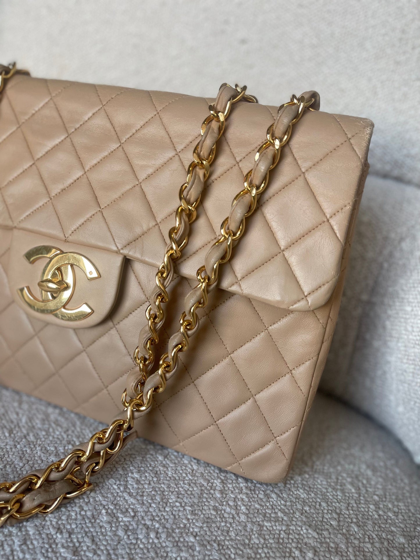 Vintage Beige Lambskin Quilted Jumbo XL Single Flap GHW