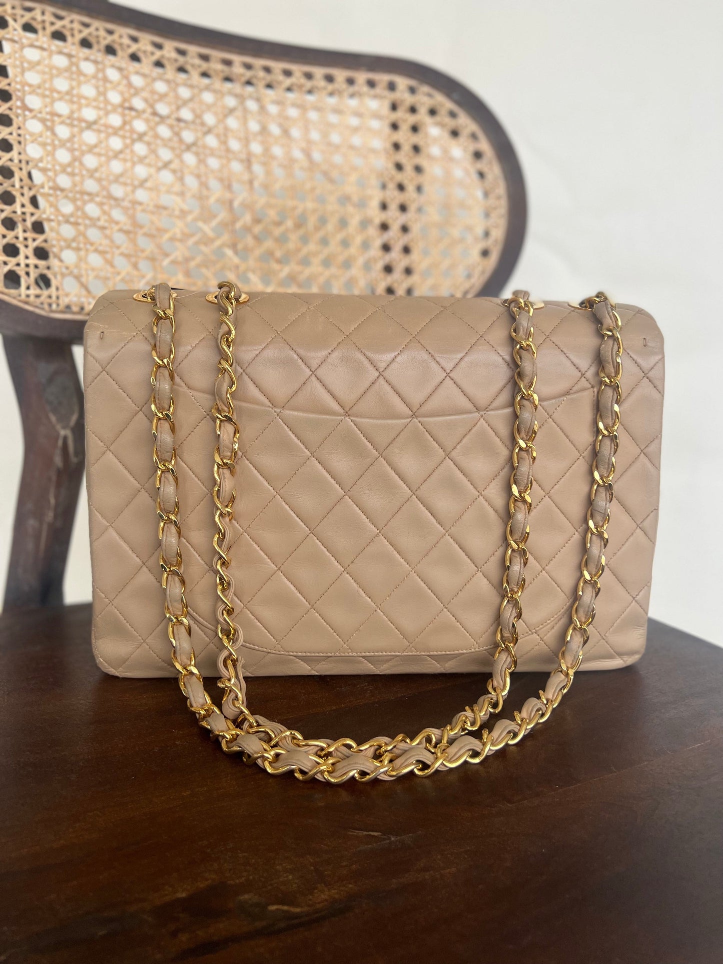 Vintage Beige Lambskin Quilted Jumbo XL Single Flap GHW